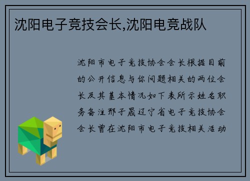 沈阳电子竞技会长,沈阳电竞战队